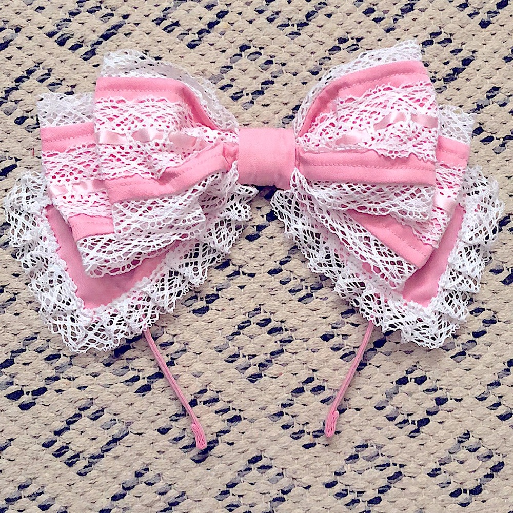 Pink x pink ribbon x white lace Bow Headband KC